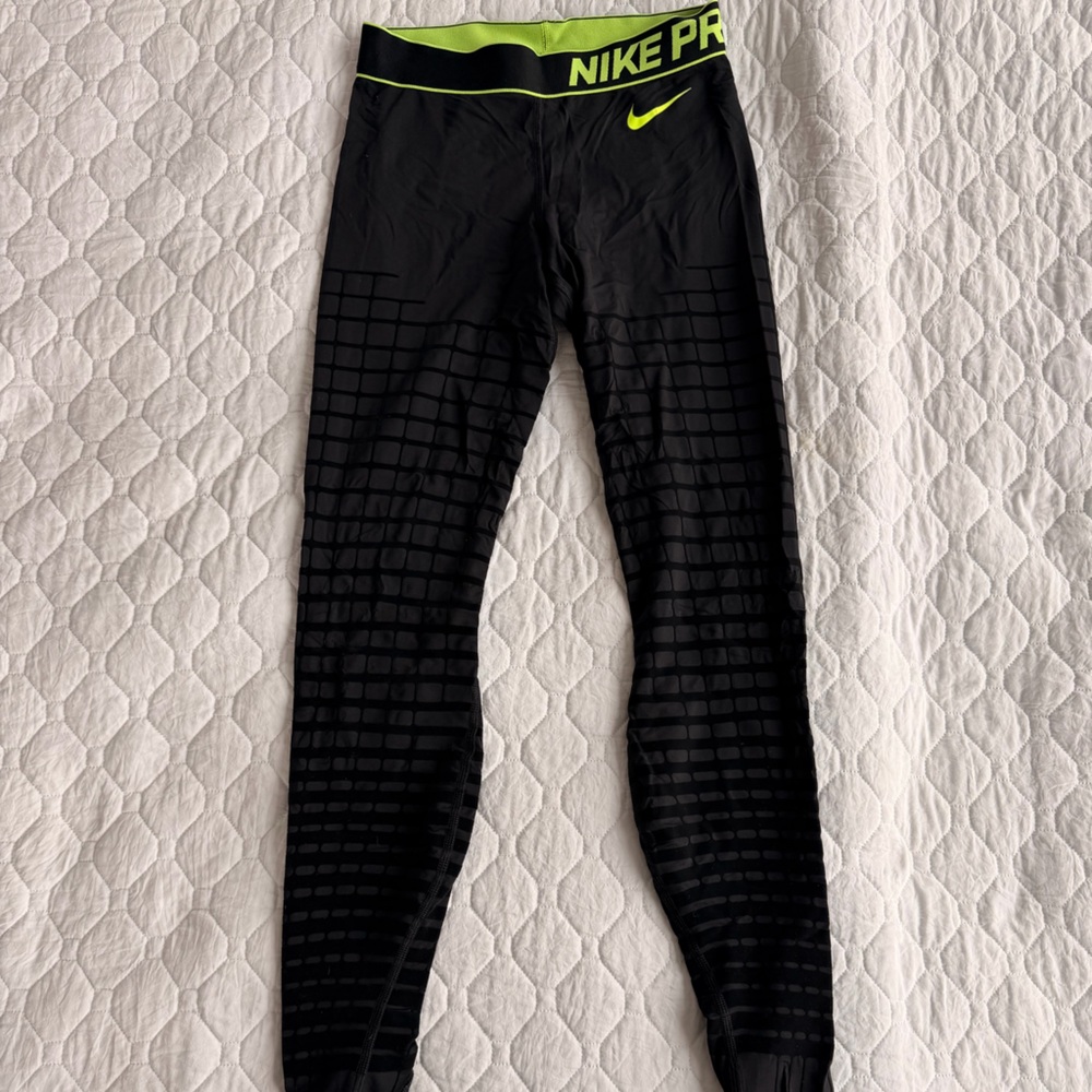 Nike Black and Neon Yellow Pro Compression Leggings